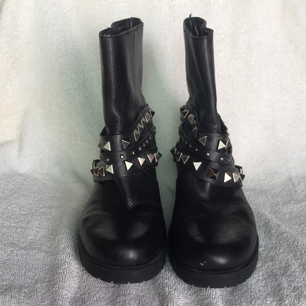 BCBG Studded Black Leather Ankle Boots Booties